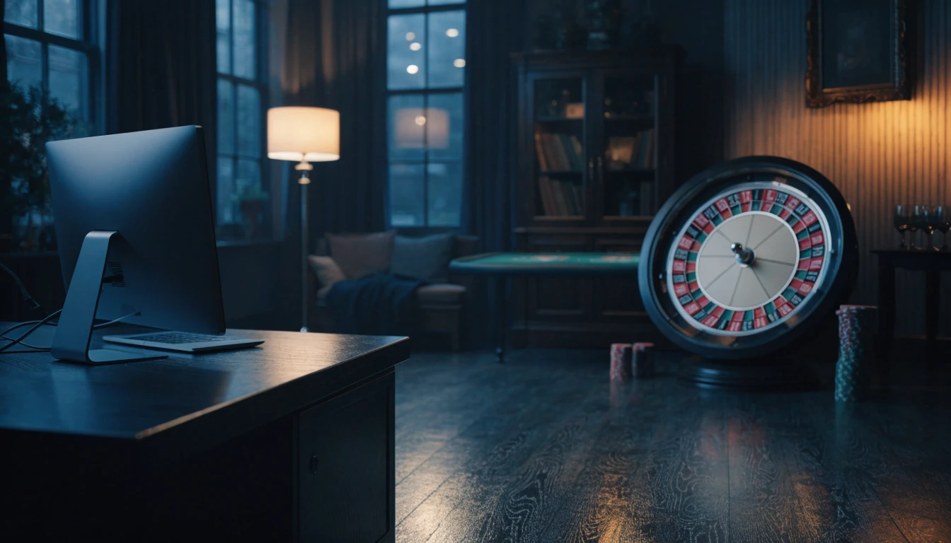 Premium UK online casino lounge with computer and subtle casino accessories