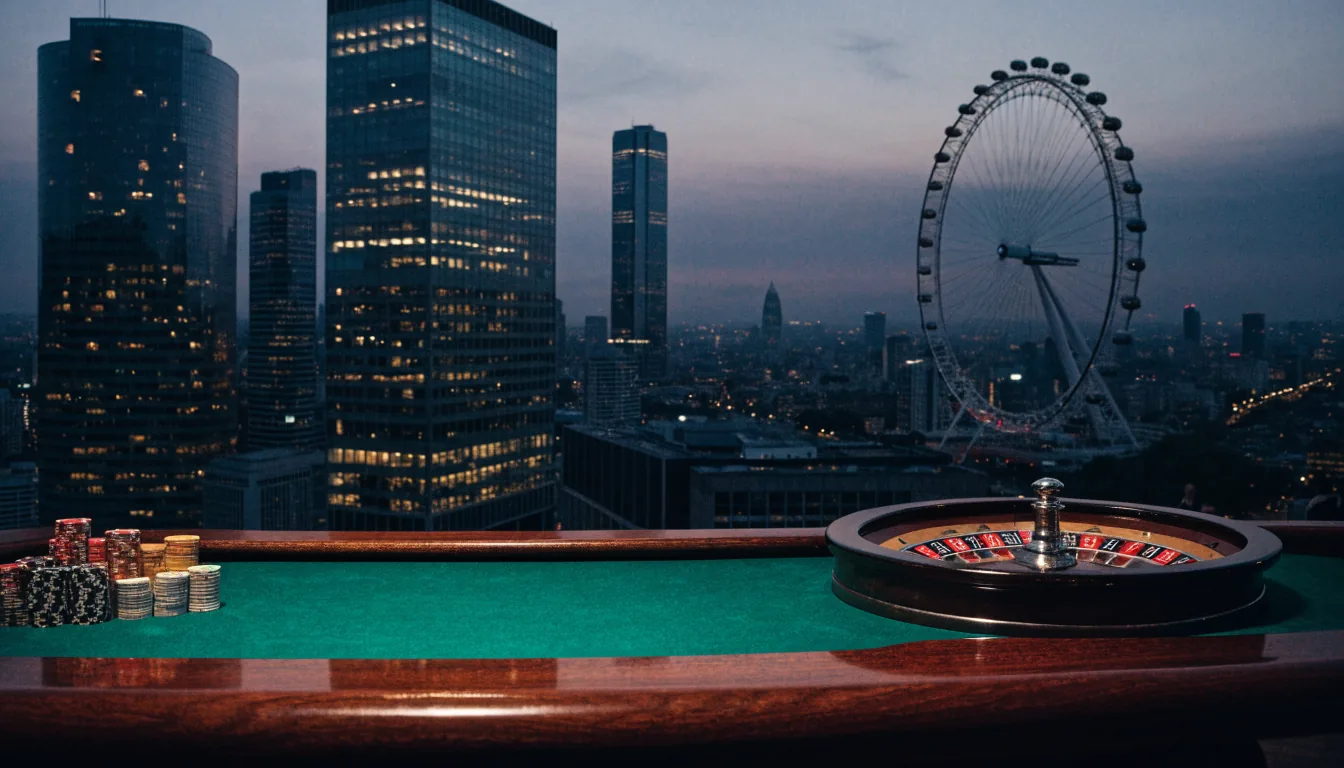 British cityscape at dusk with casino table and roulette wheel in foreground