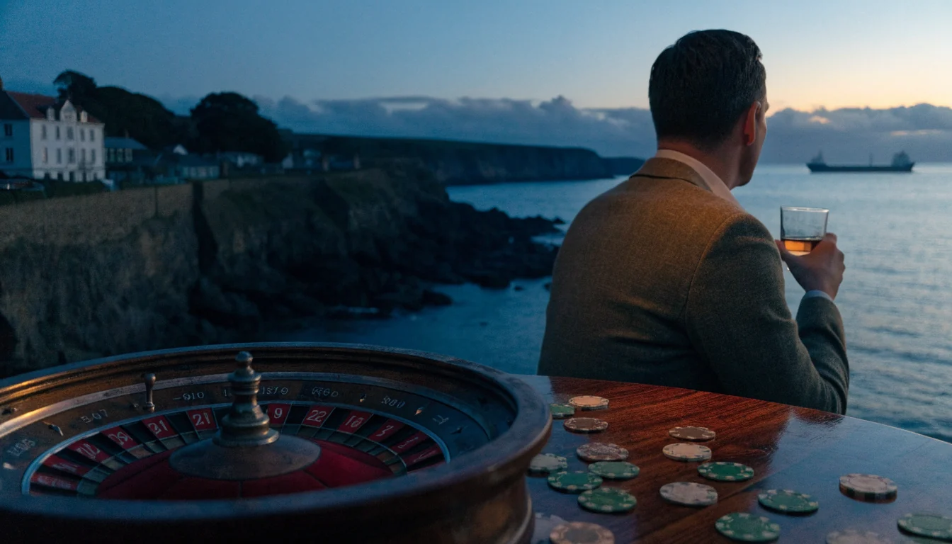 British man at seaside roulette table with ship on horizon at dusk