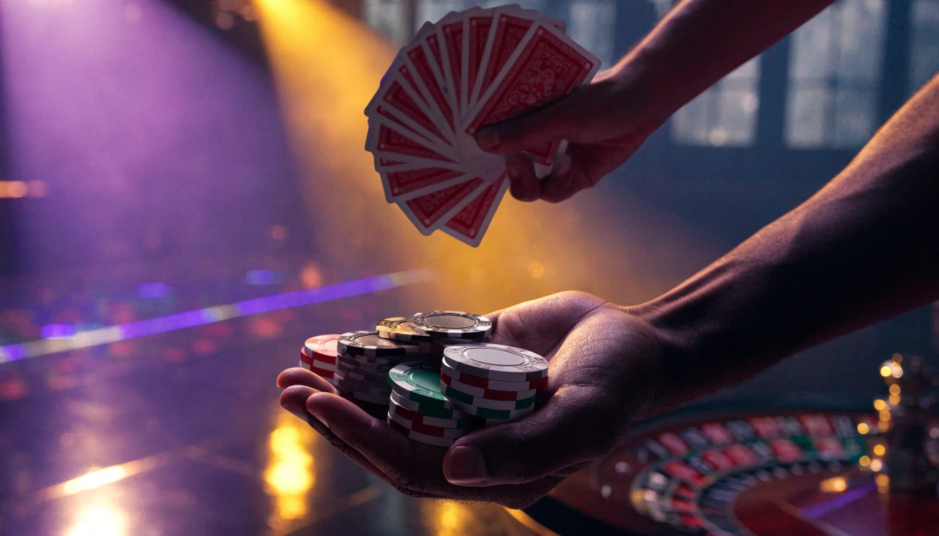 British live casino game-show studio with chips, cards and roulette wheel