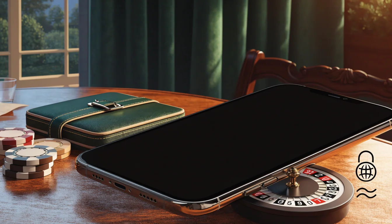 Elegant UK casino bonus scene with dark smartphone, chips and roulette wheel