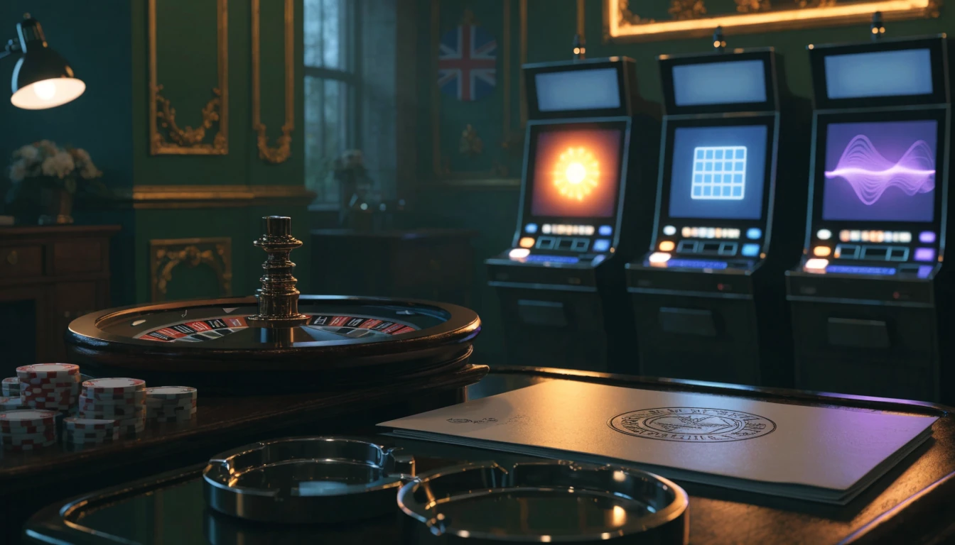 Stylised UK casino scene with abstract jackpot slots, roulette wheel, chips, and restrained regulatory cues