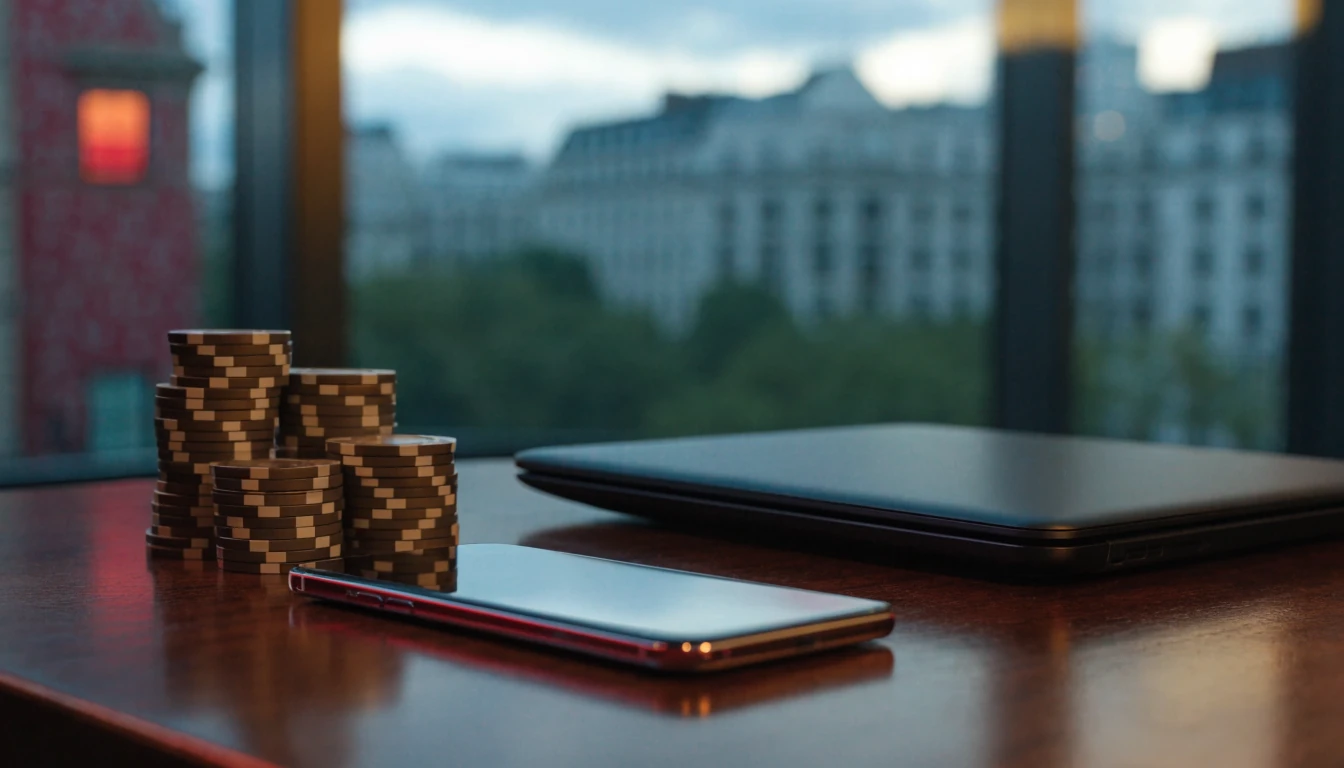 Face-down smartphone, casino chips and London skyline at dusk