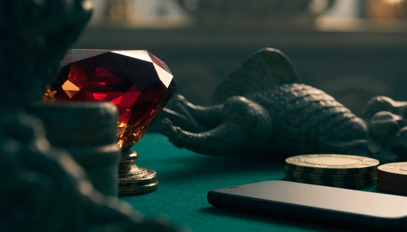 Red gold gemstone with casino chips in a UK lounge