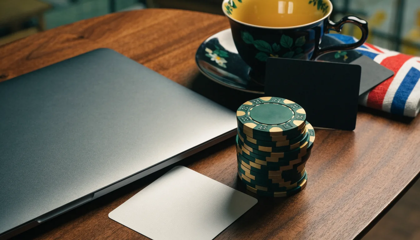 Elegant UK casino cashback still life with closed laptop and chips