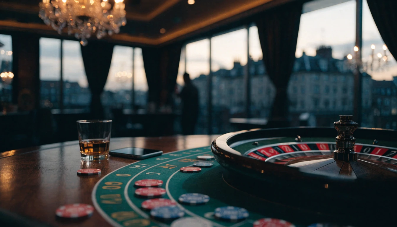 Atmospheric London casino lounge with roulette wheel and chips