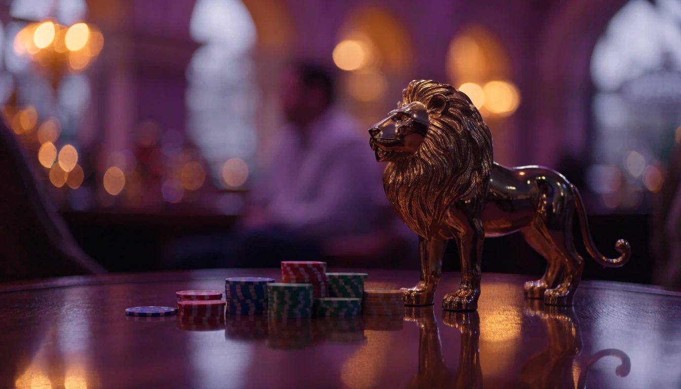 Golden lion figurine with casino chips on a luxurious table
