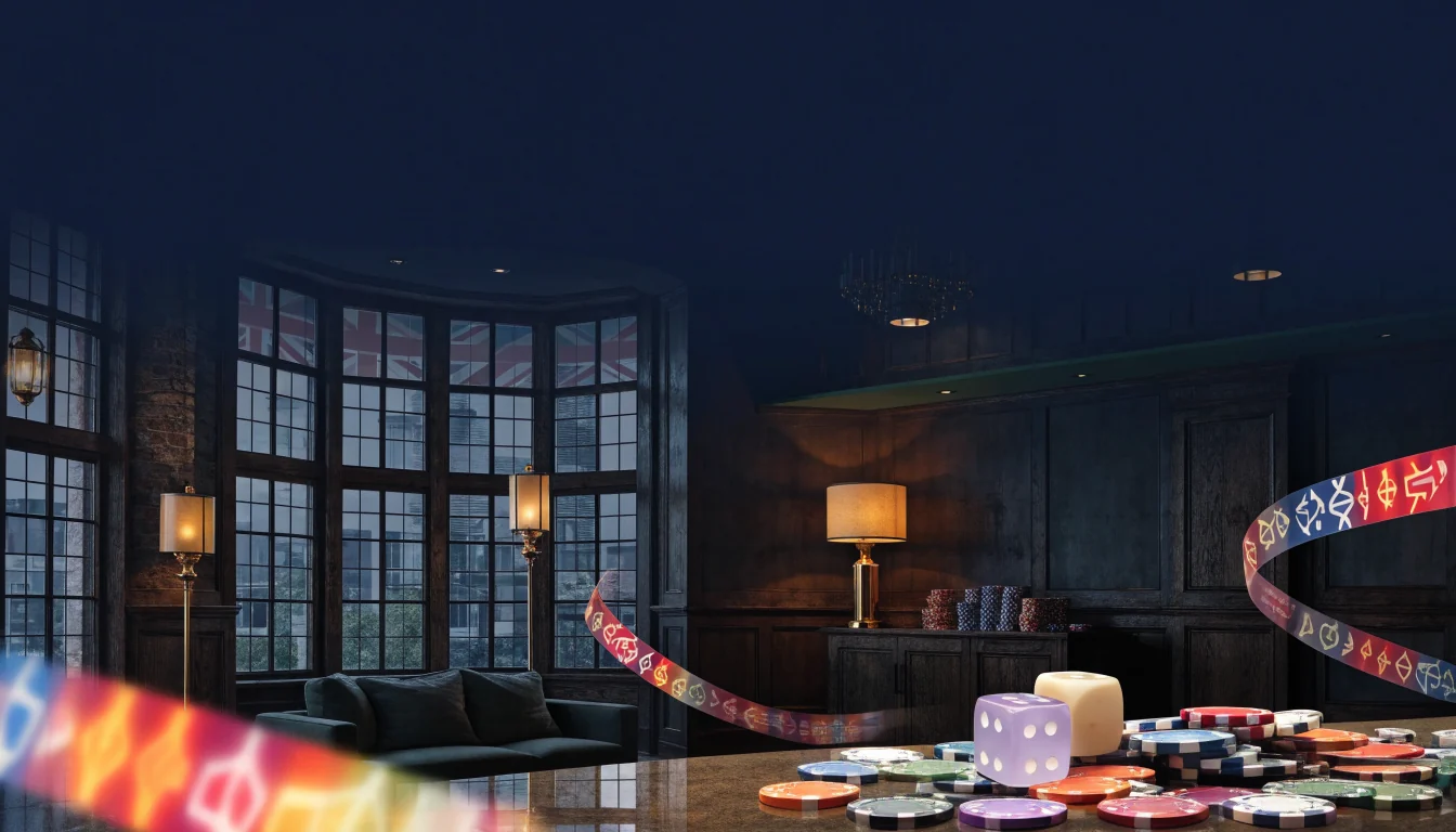 Elegant British casino lounge with chips and flowing reel ribbons