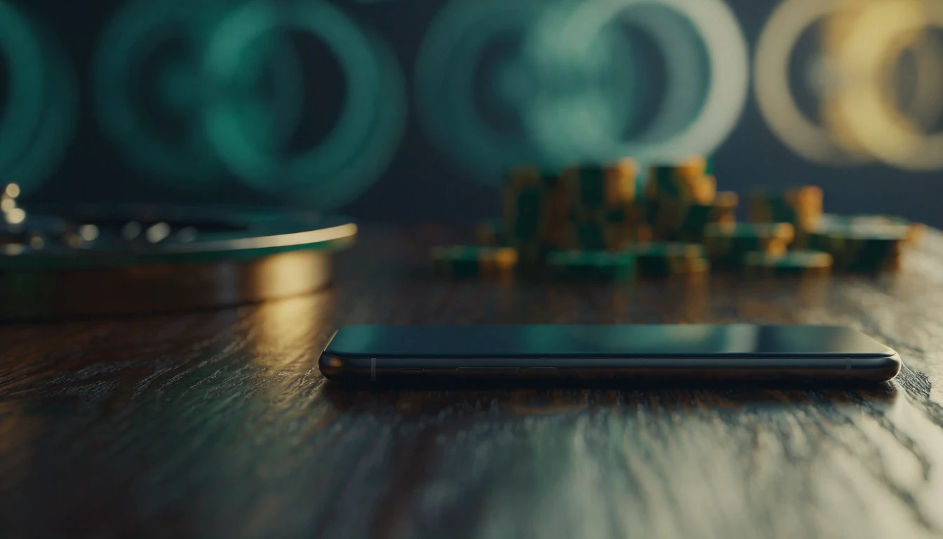 Premium UK casino scene with hidden smartphone, roulette wheel, tokens, and abstract reel lights