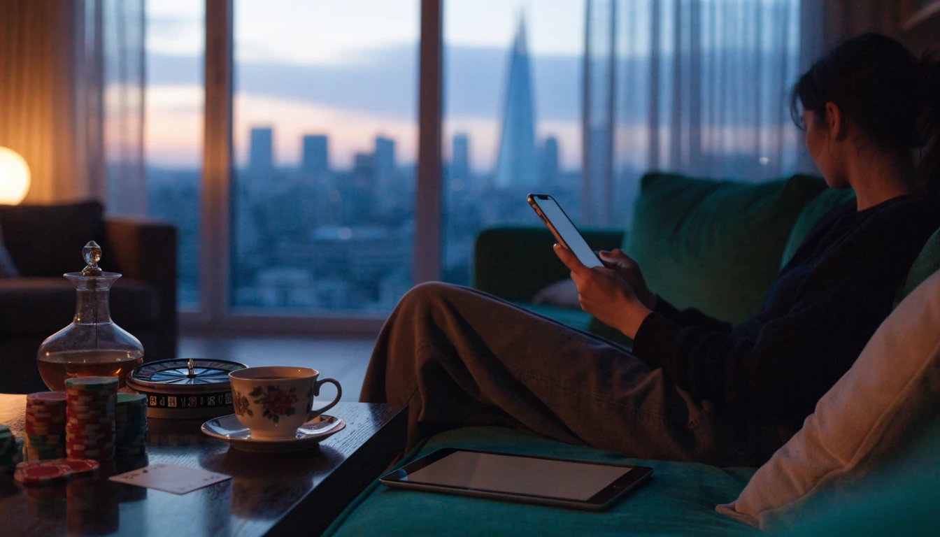 British living room with casino props, smartphone, and London skyline at dusk