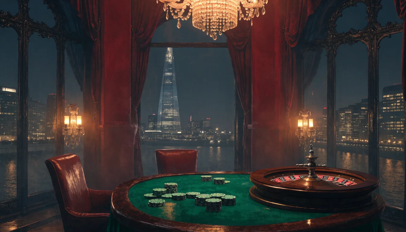 Stylized London private casino room with chips, roulette wheel and skyline view