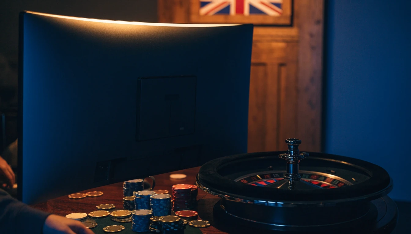 Dimly lit casino room with turned-away monitor, roulette wheel and poker chips on a velvet table