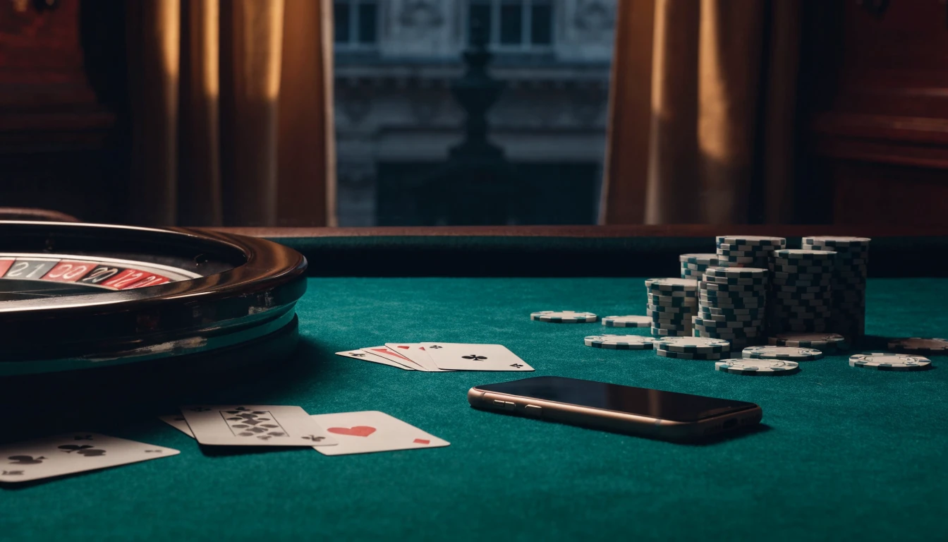 Premium UK casino scene with roulette, chips and face-down phone