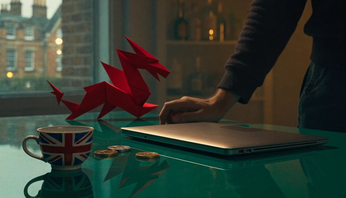 British casino review scene with closed laptop, red dragon motif and tokens