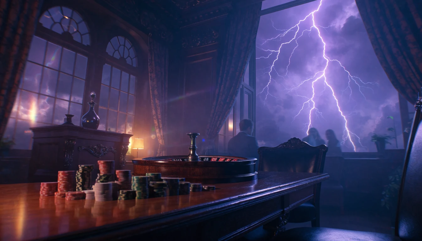 Stormy lightning over a classic UK casino gaming table with chips and roulette