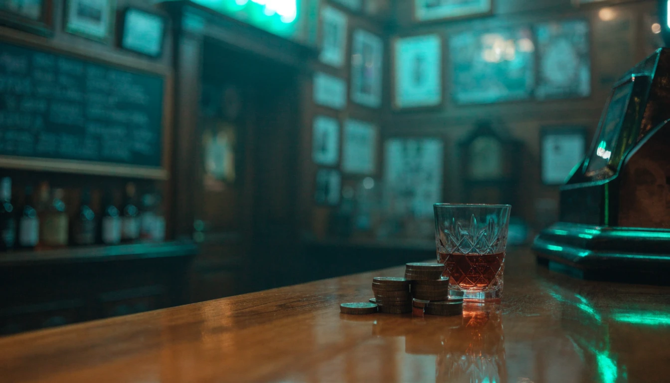 Atmospheric British pub interior with subtle gaming ambience and vintage coins