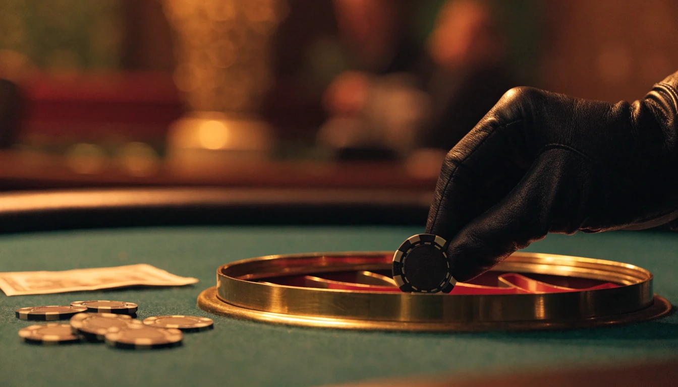 Casino chip dropped into a brass payout tray on green felt