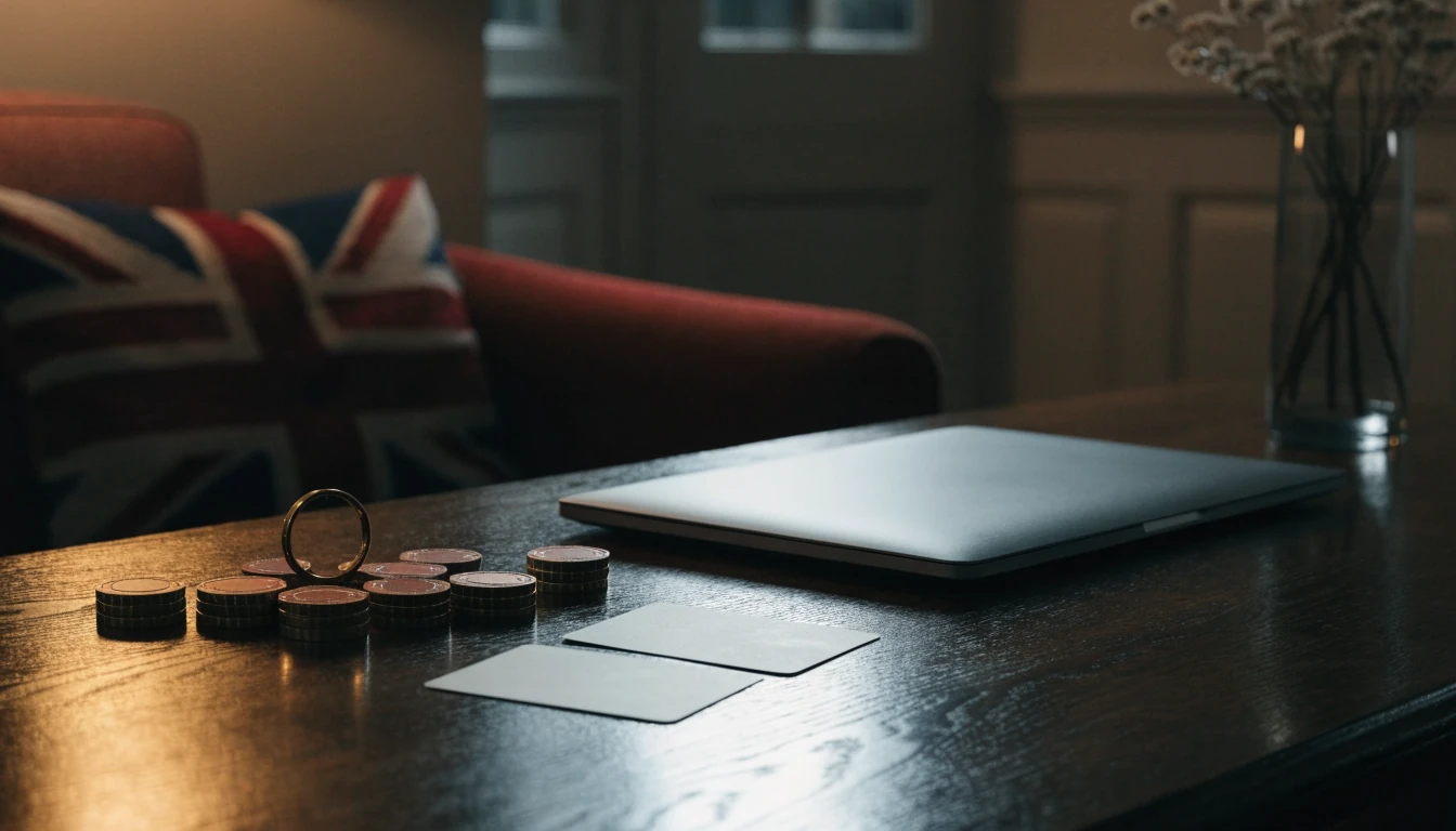 Closed laptop with casino tokens in a modern UK interior
