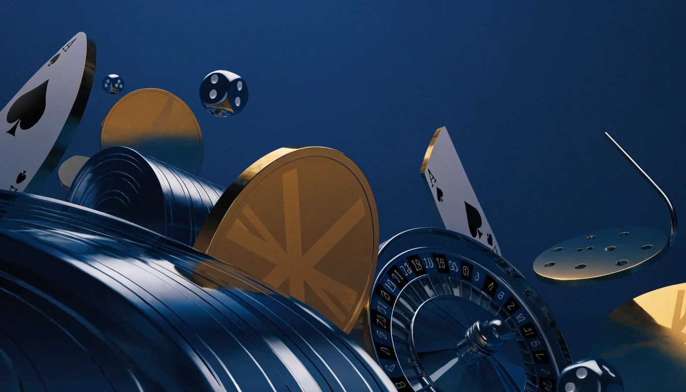 Elegant UK casino-themed illustration with abstract reels, tokens, cards, dice and roulette details
