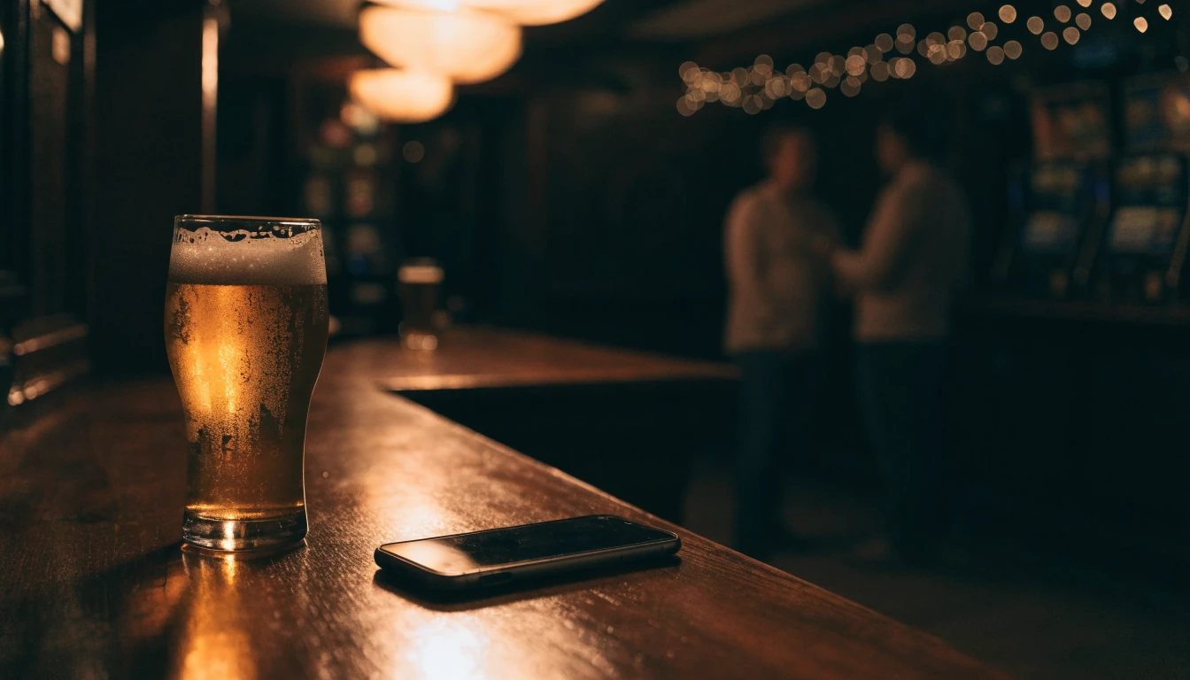 Cozy British pub interior with pint of ale and face-down smartphone on wooden counter.