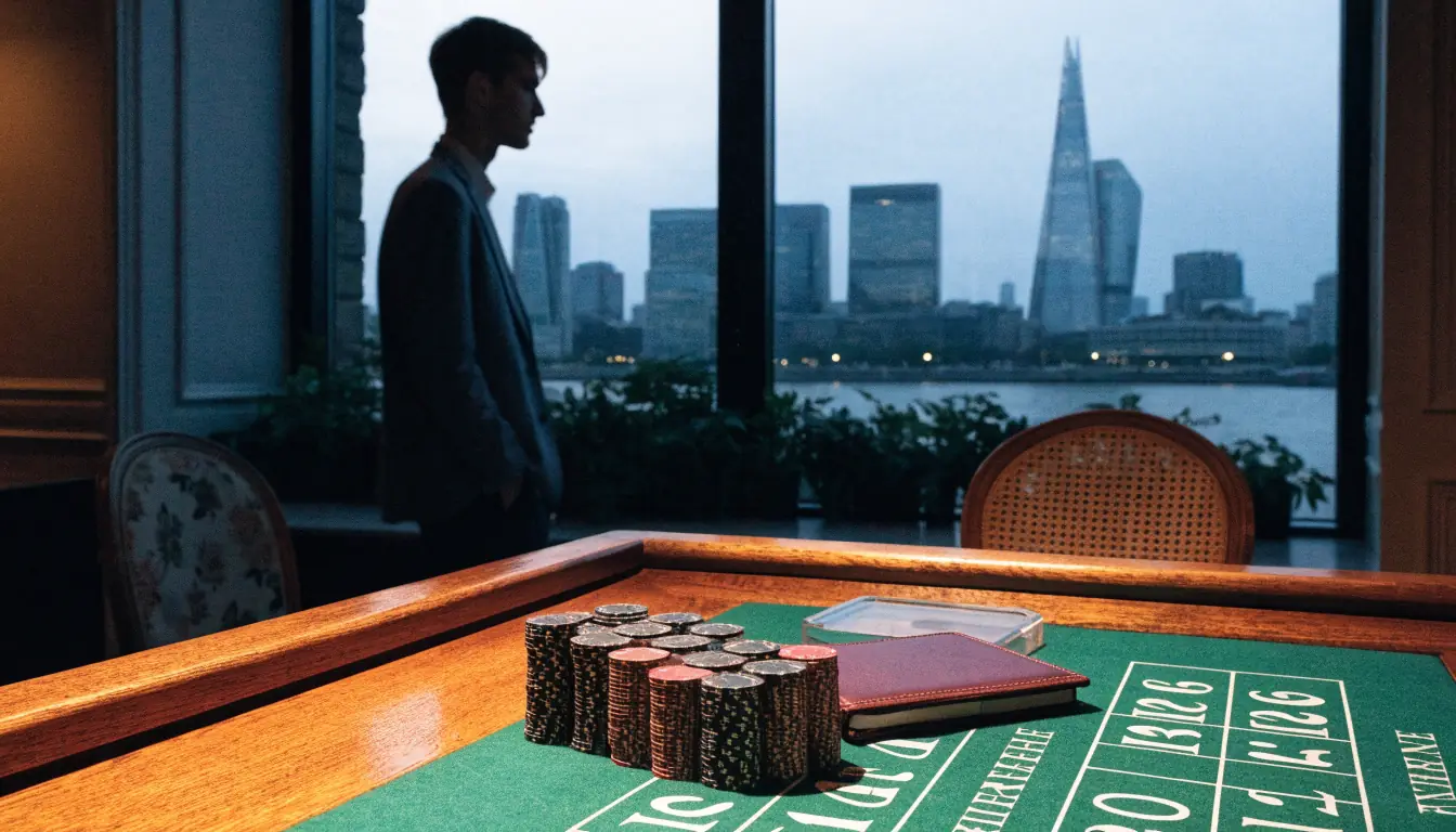 Roulette table and chips in a modern London lounge overlooking the Thames at twilight