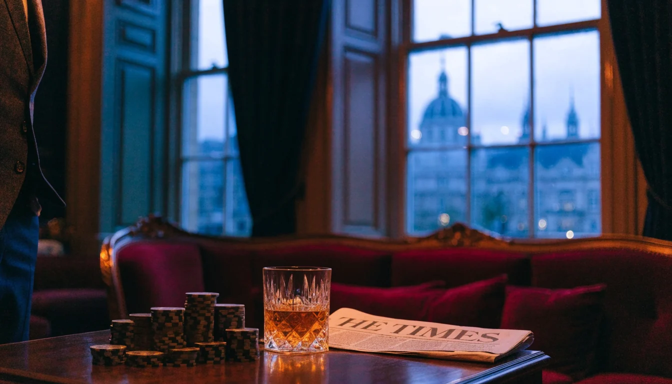 Elegant British casino lounge with chips and whisky by a window at dusk