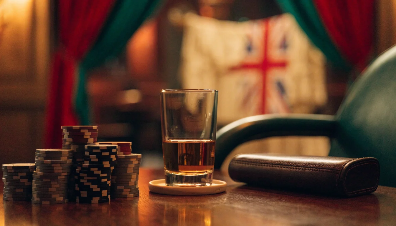 Elegant British casino lounge table with chips and whisky