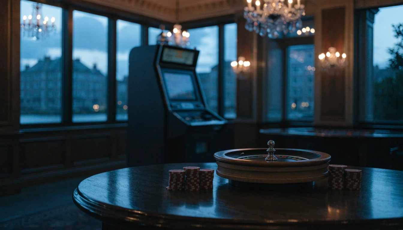 Elegant British casino chips, roulette wheel, and slot machine in a dim lounge