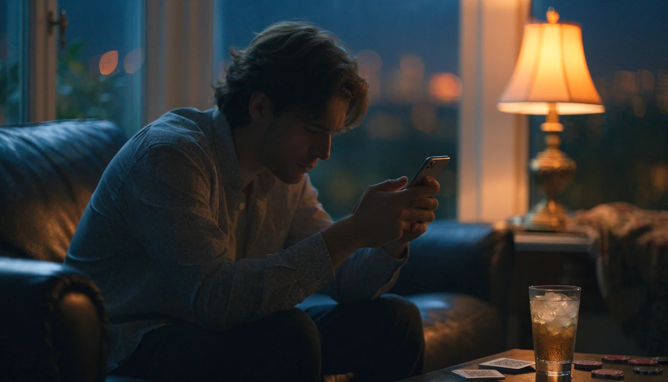 Man relaxing on sofa with phone and casino chips in a UK living room