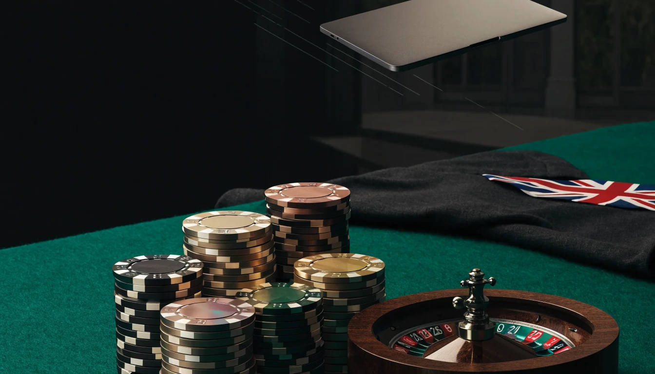 Elegant UK casino-themed editorial scene with chips, roulette and closed laptop