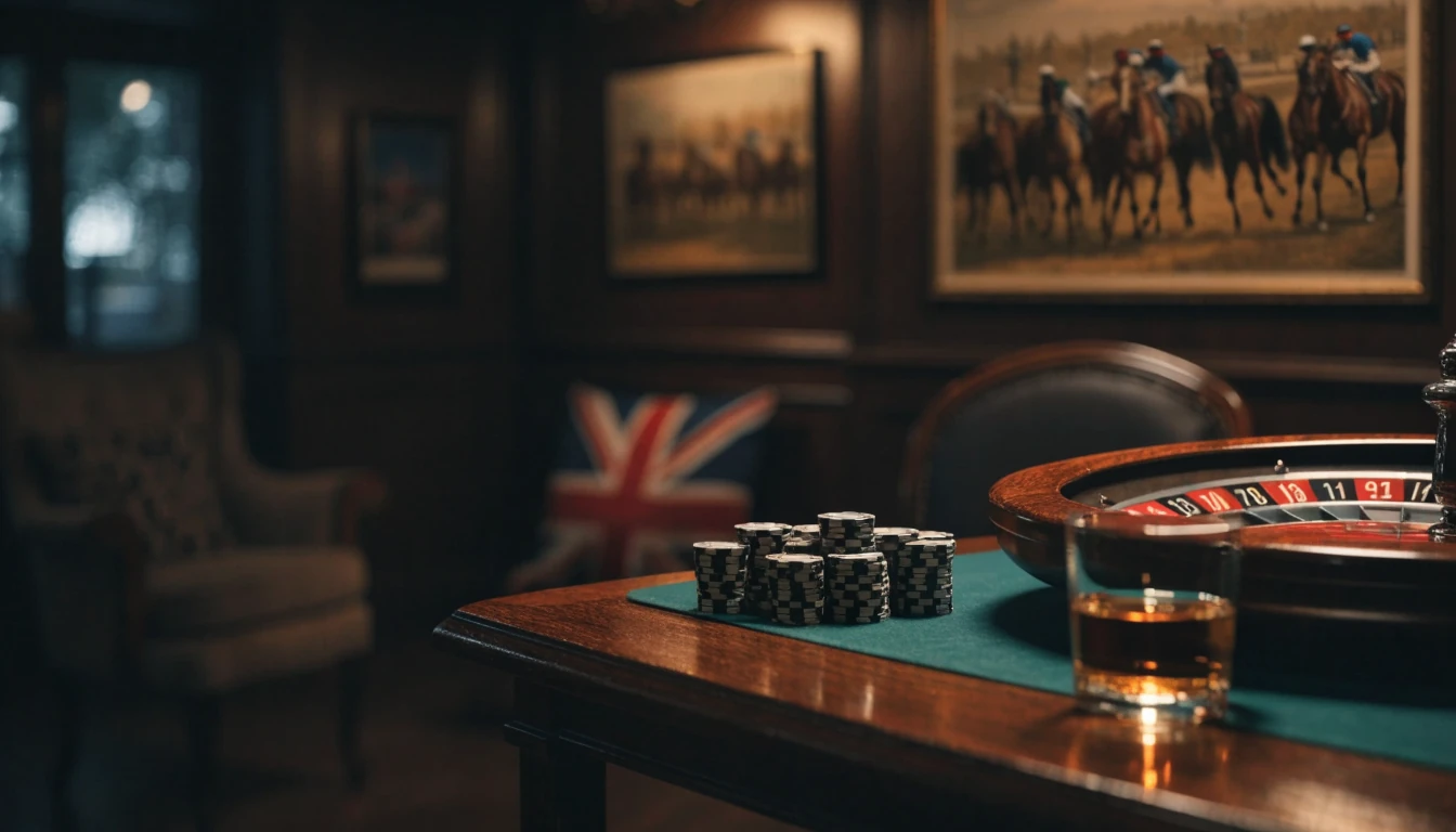 British casino lounge with chips, roulette wheel and whisky glass
