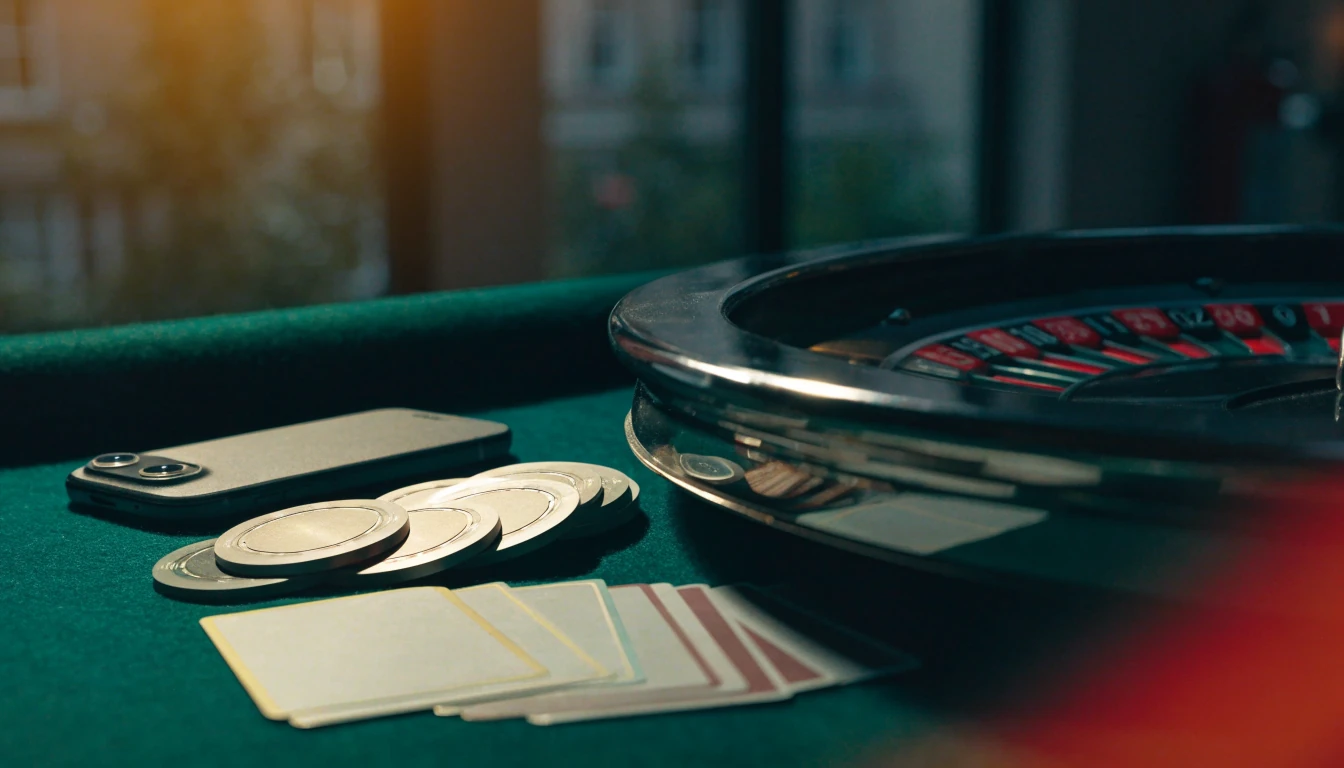 British casino props and a face-down smartphone in atmospheric lighting