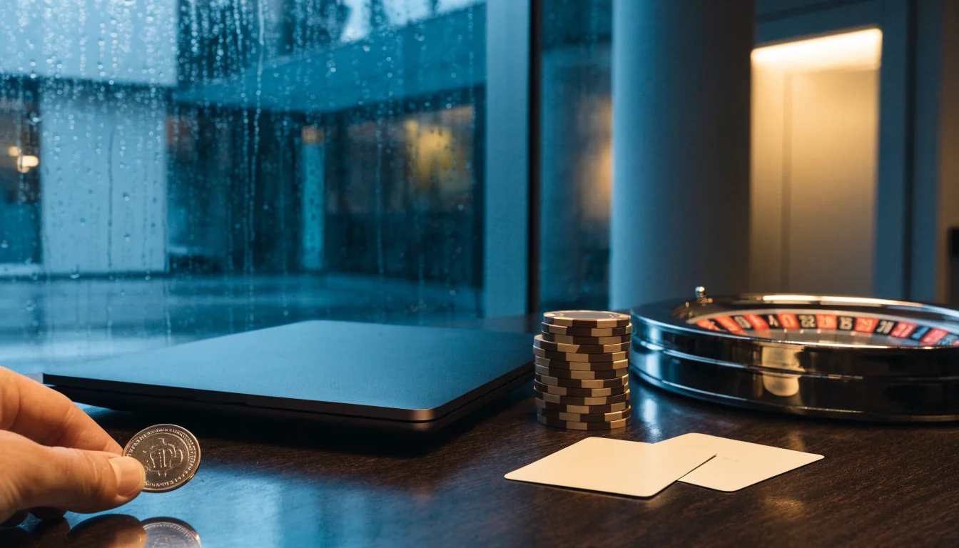 Closed laptop, neutral casino objects, and generic crypto token on a UK desk