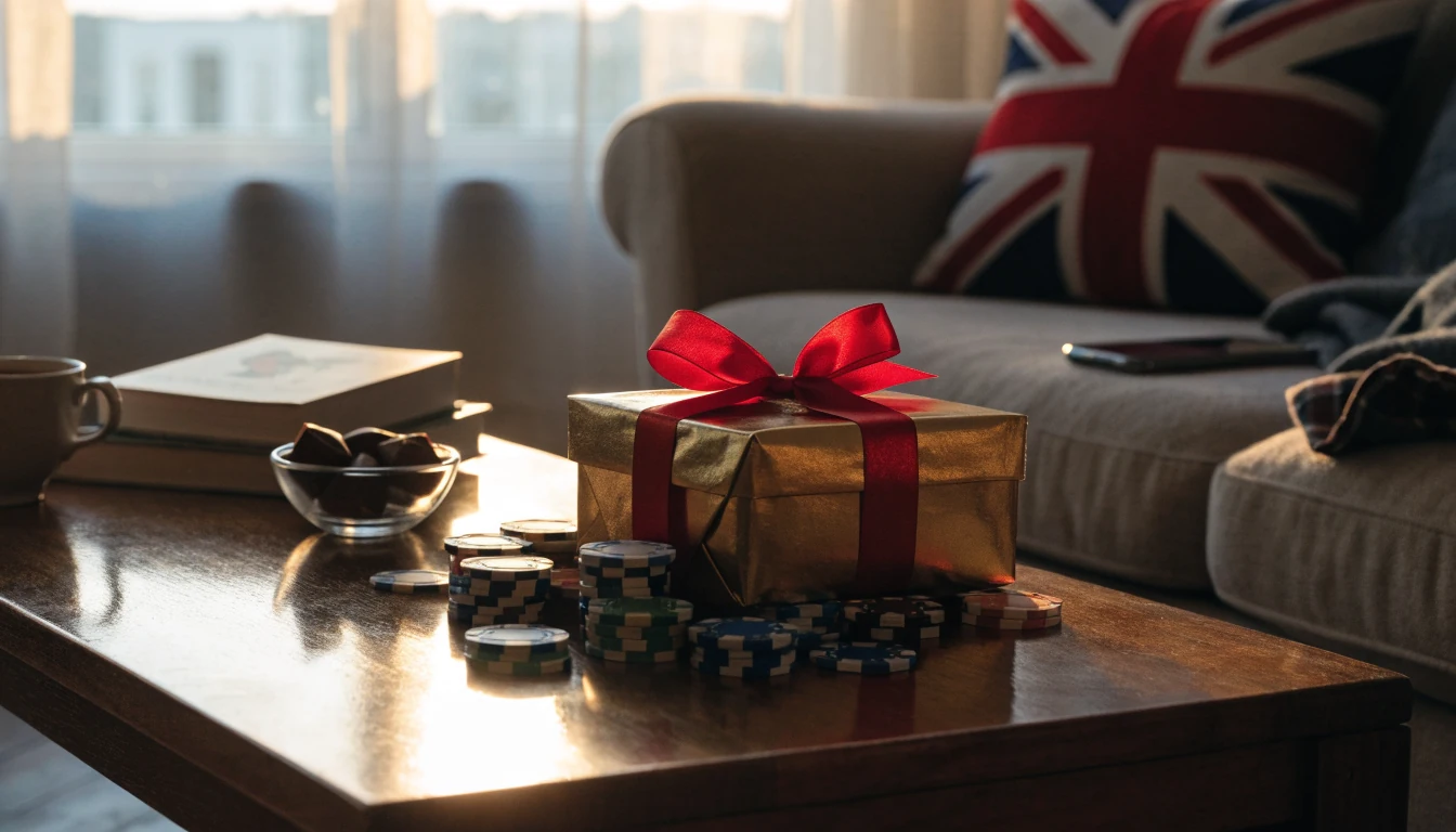 Birthday gift with casino chips on a London coffee table