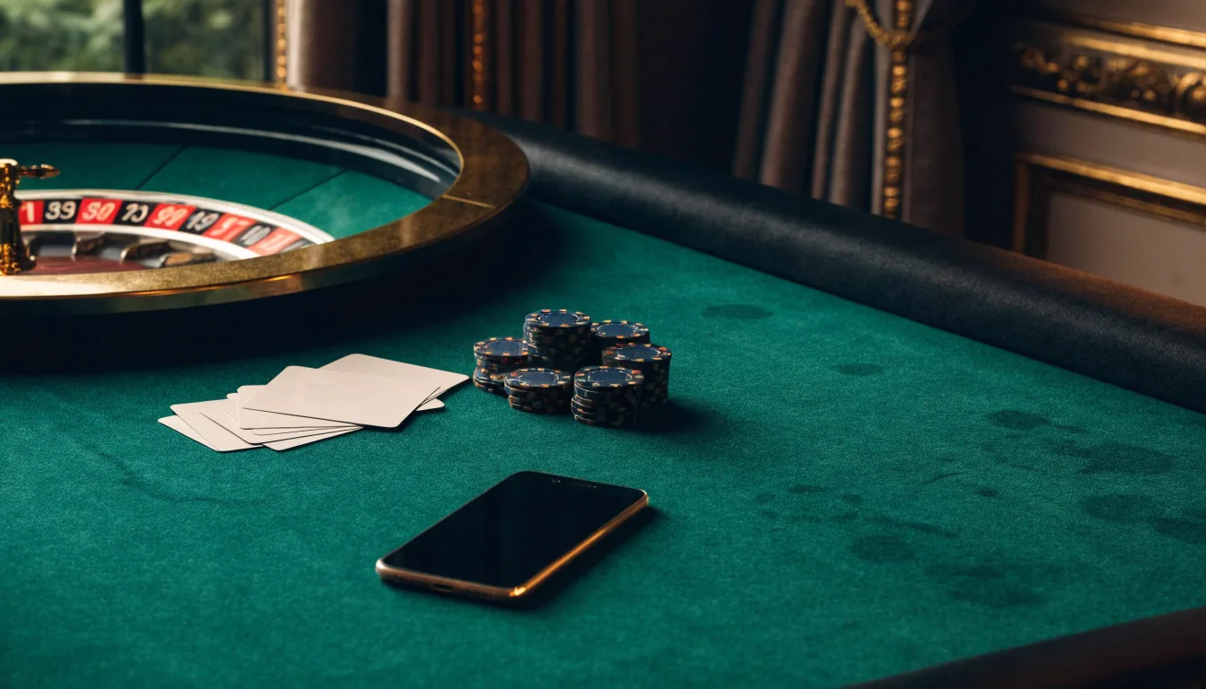 Unmarked casino objects and a face-down phone on a UK-style casino table