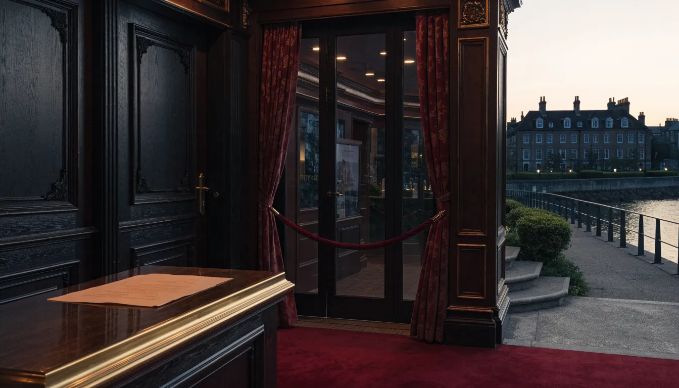 Discreet British casino entrance contrasted with a neutral riverside setting