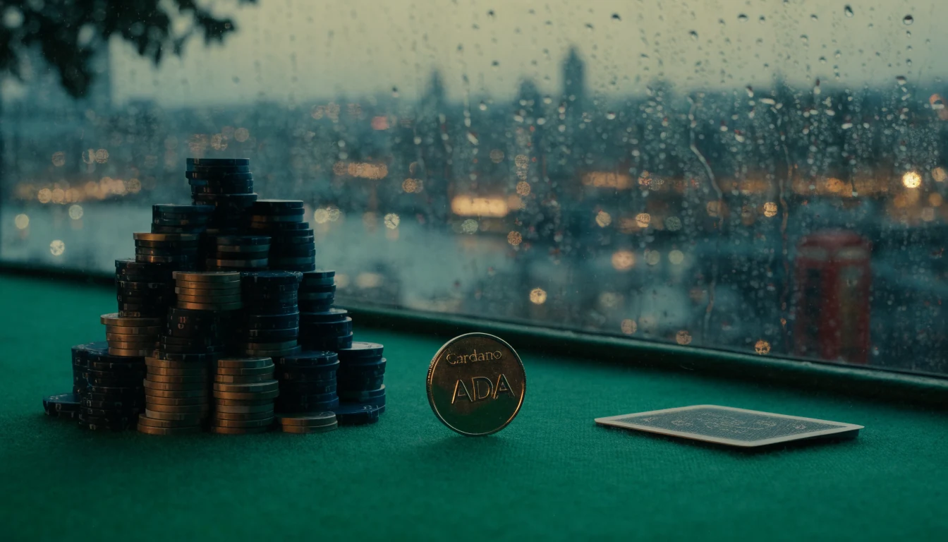 Casino chips and ADA coin on a green felt table with London skyline at dusk