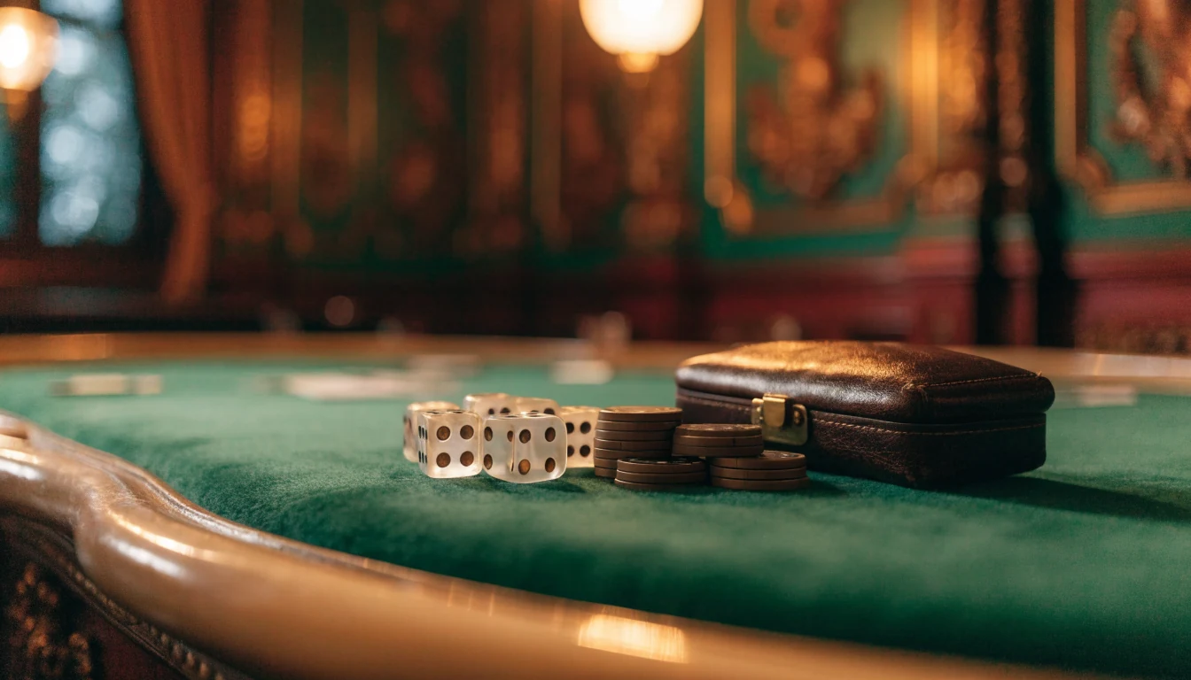 Ivory dice and casino chips in a luxurious British setting