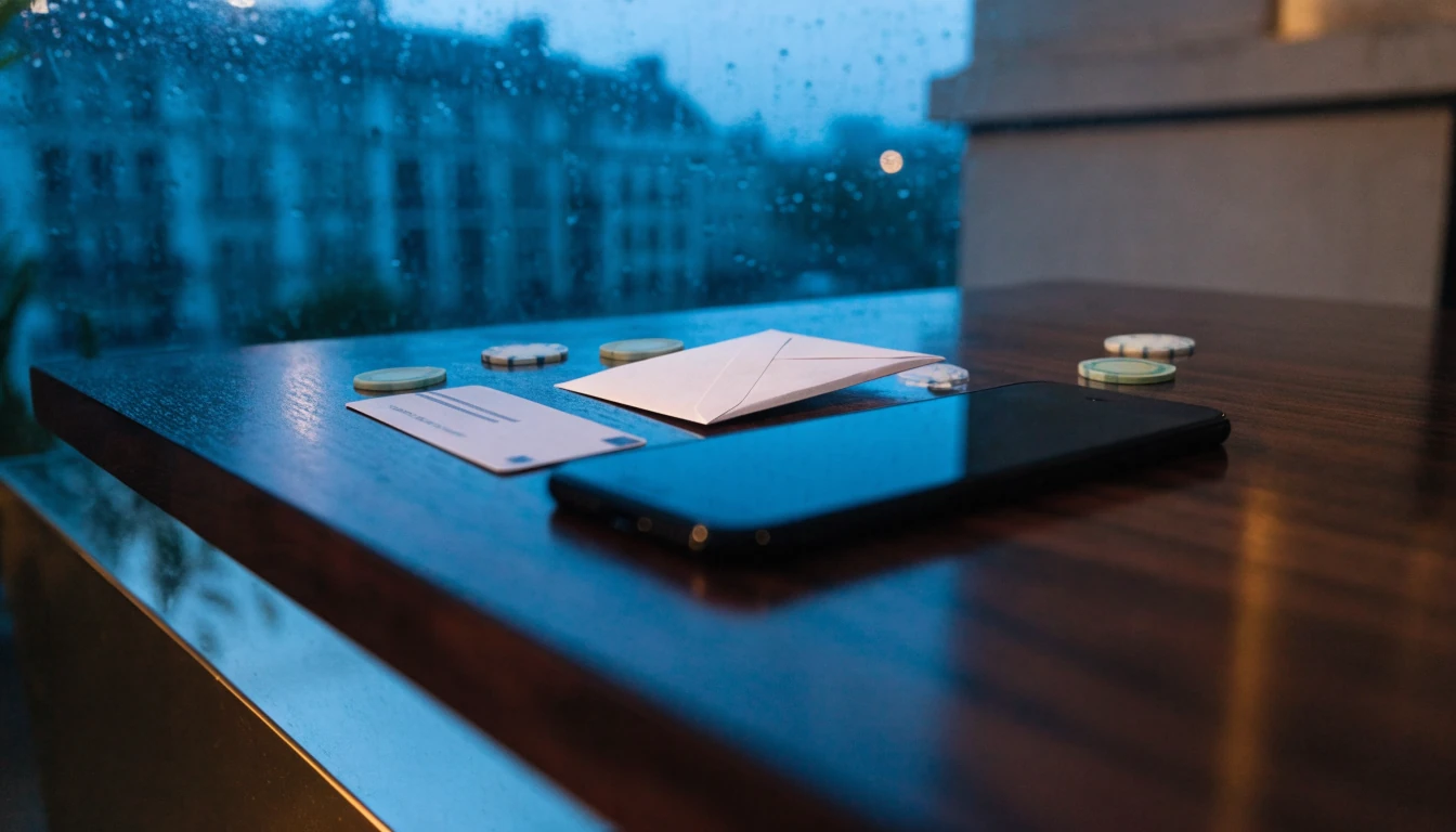 Face-down phone, blank ID card and casino chips on a table