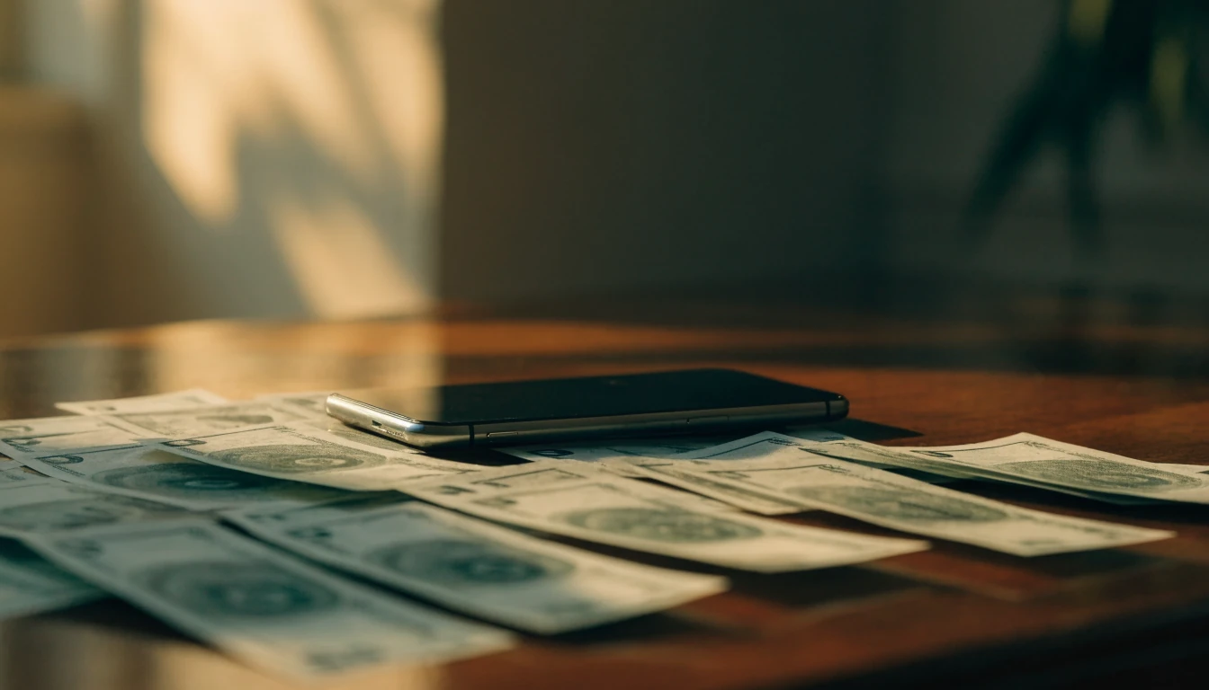 British pound notes fanning across a dark surface beside a face-down smartphone, warm golden lighting.