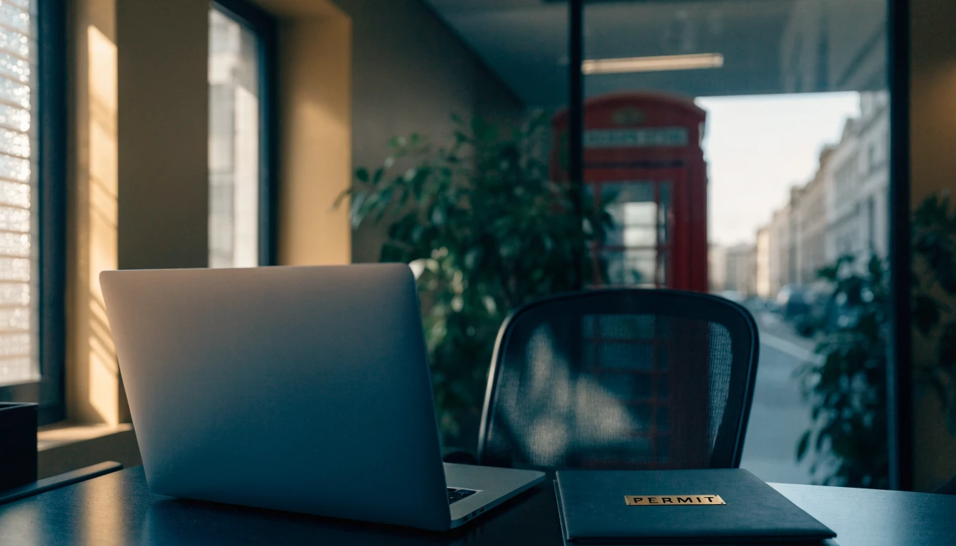 Generic casino operator’s London office with permit folder and closed laptop