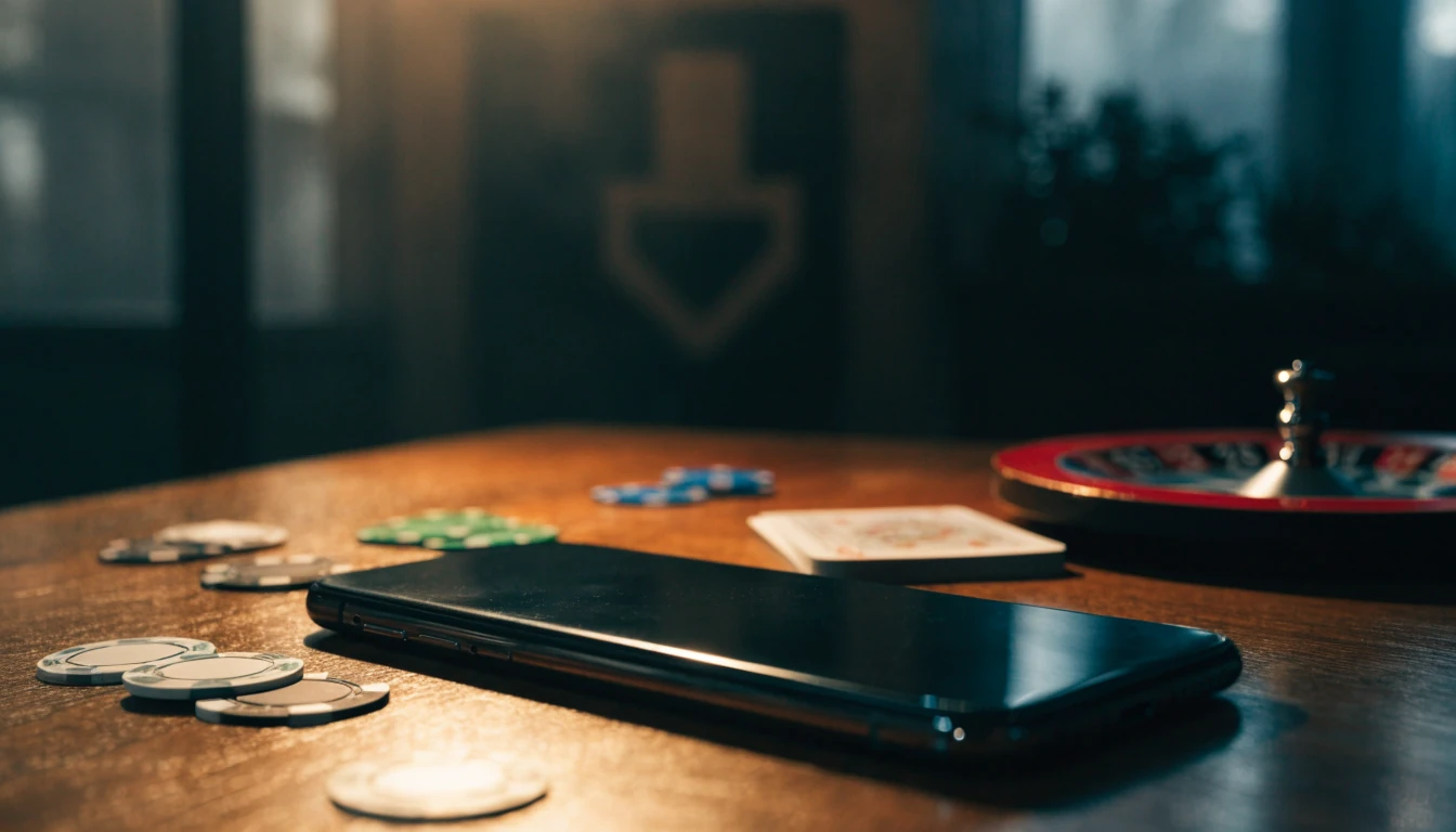 Face-down smartphone beside casino chips, cards and roulette on a dark desk with a blurred barrier behind