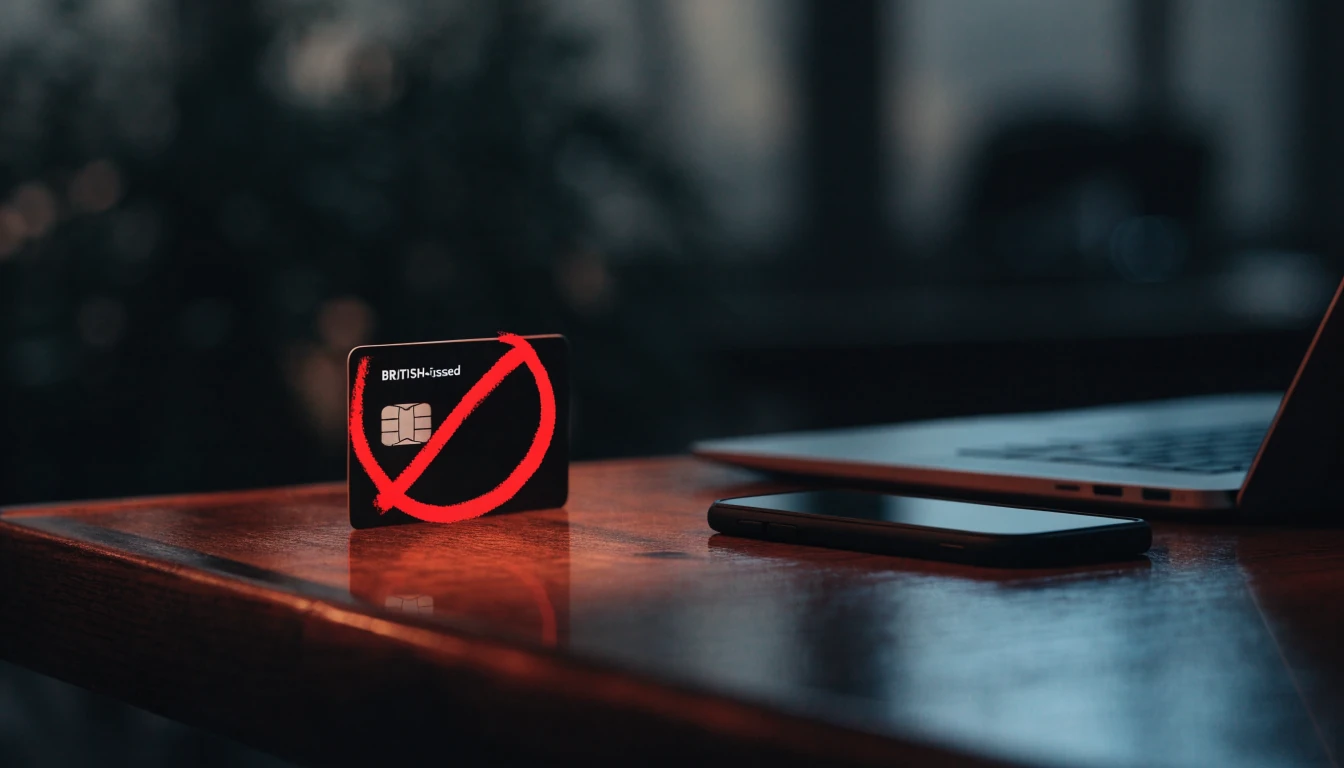 Crossed-out credit card with prohibition sign on a dark table