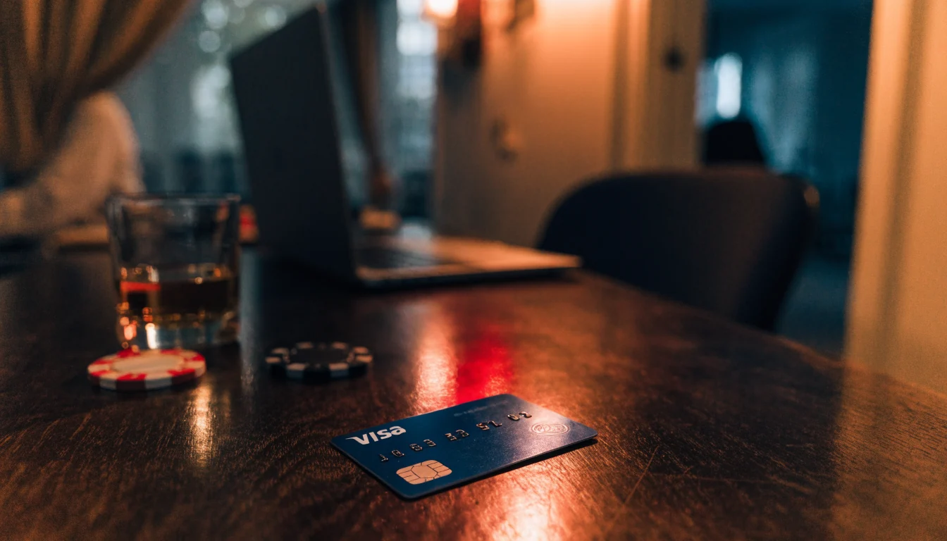 UK debit card on a wooden table next to poker chips and a drink