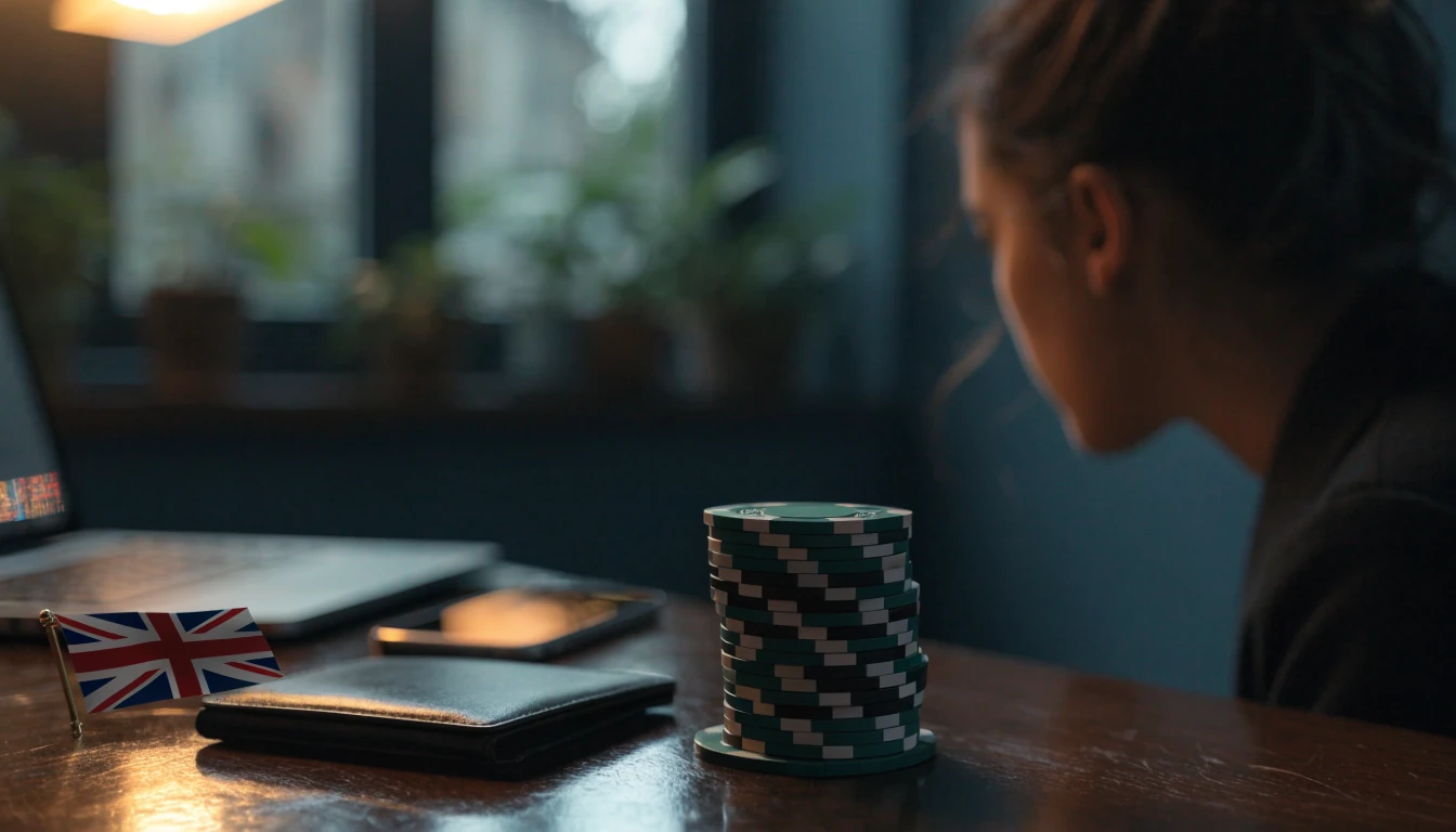 Elegant UK casino cashier scene with chips, closed wallet, smartphone and laptop