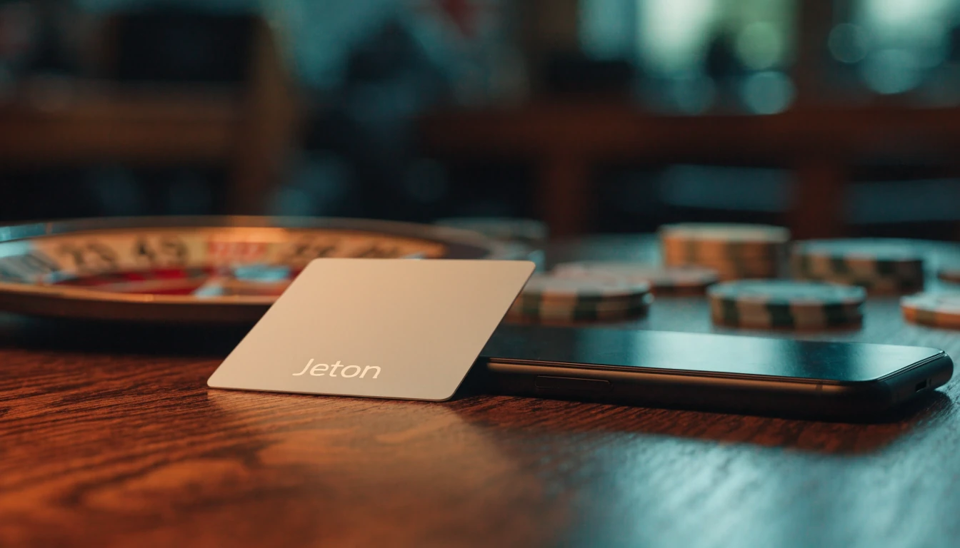 Jeton payment card on dark table with face-down phone and chips.