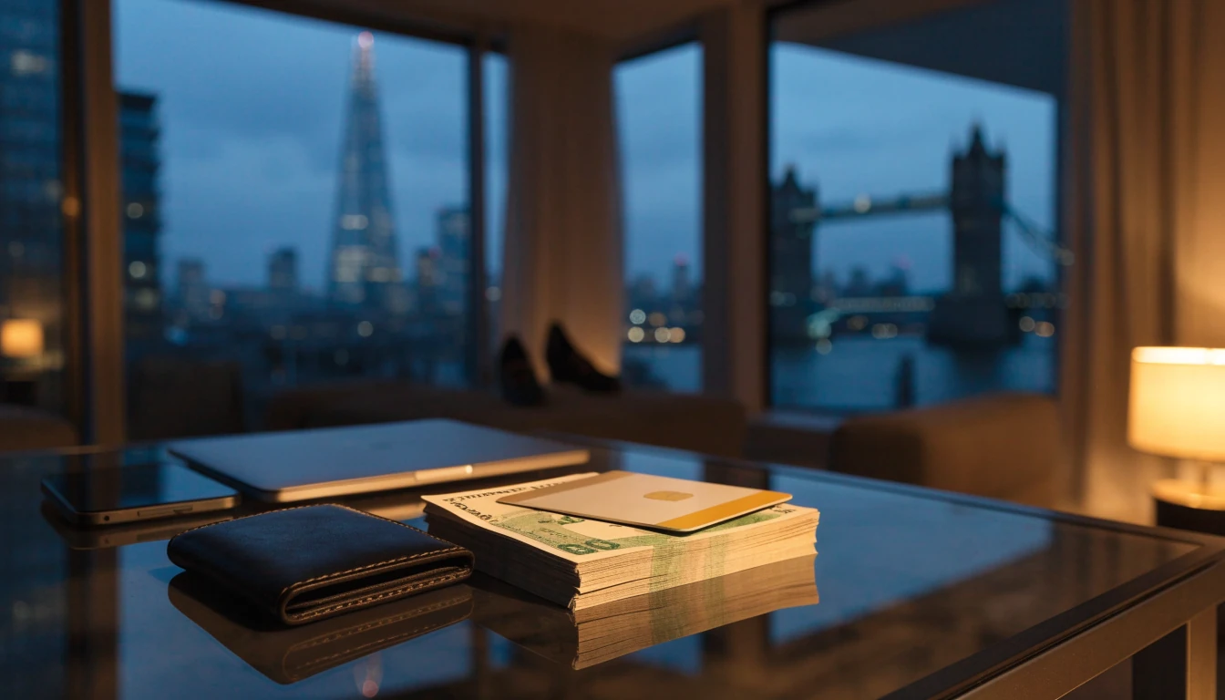 London apartment at dusk with Skrill payment card on British pounds beside a smartphone