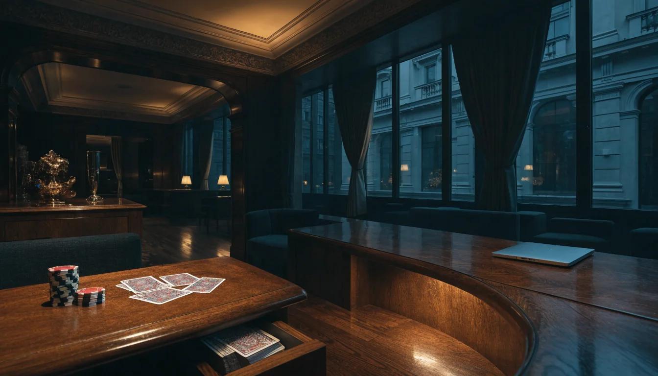 Elegant British VIP casino lounge with laptop, cards and chips