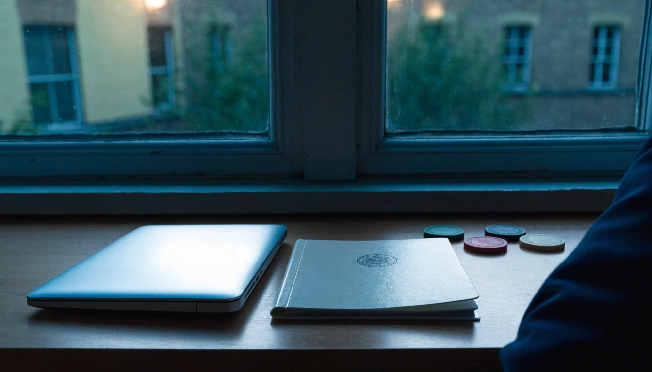 Closed laptop, regulatory documents, and casino tokens on a UK desk