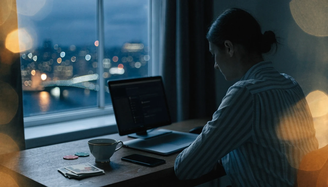 Person at a London desk with closed laptop, phone, and casino chips at night